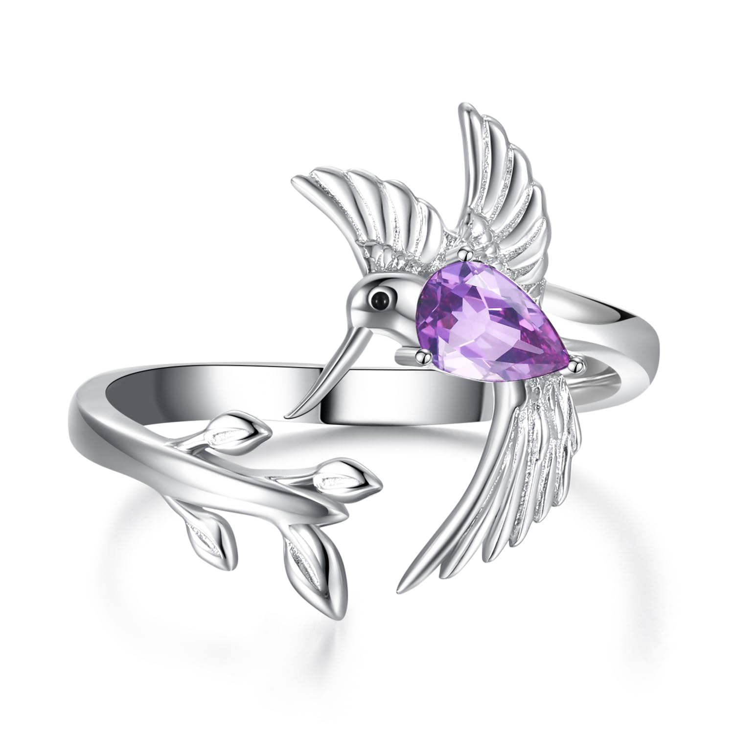 Hummingbird Leaf Ring for Women S925 Sterling Silver Birthstone Ring Adjustable Open Rings Jewelry Birthday Gifts