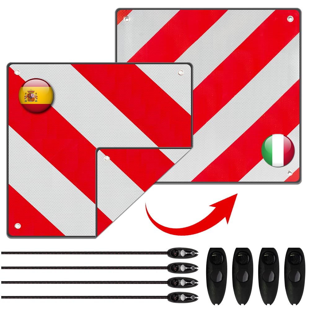 50x50cm Panneau Avertissement Porte-Vélos, 2 en 1 Panneau davertissement Aluminium Italie Espagne avec 4 Cordes Tension, pour Porte-vélos, Remorque Arrière, Voiture, Camping-car