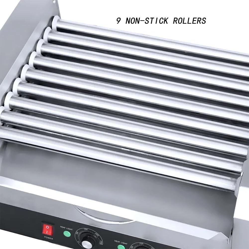 Hot Dog Roller Maker con 9 rodillos y cajón de calentamiento de pan, perfecto para fiestas, cabinas y camiones de comida