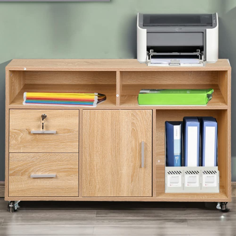 BAKAJI Mobile Multiuso Porta Stampante in Legno con 3 Mensole, 2 Cassetti con Chiave e 1 Armadietto con Scomparti, Mobiletto da Ufficio Archivio Portadocumenti con Ruote Mobili, 100x35x65cm (Quercia)