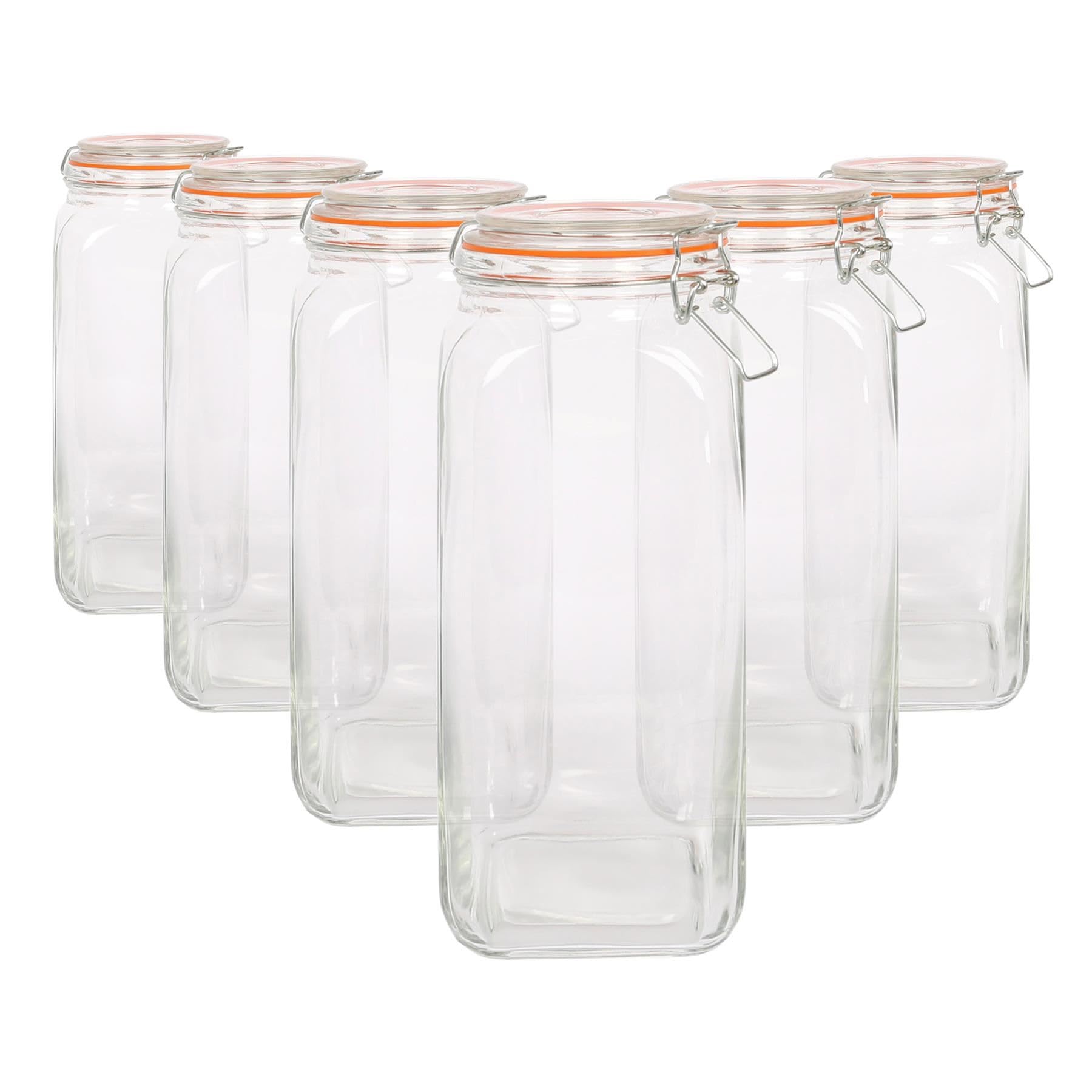 Argon Tableware 2L Square Glass Jars with Clip-top Lids - 6pc Airtight Kitchen Mason Jar Food Storage Preserving Container for Pickling, Chutney, Jam, Coffee, Oats