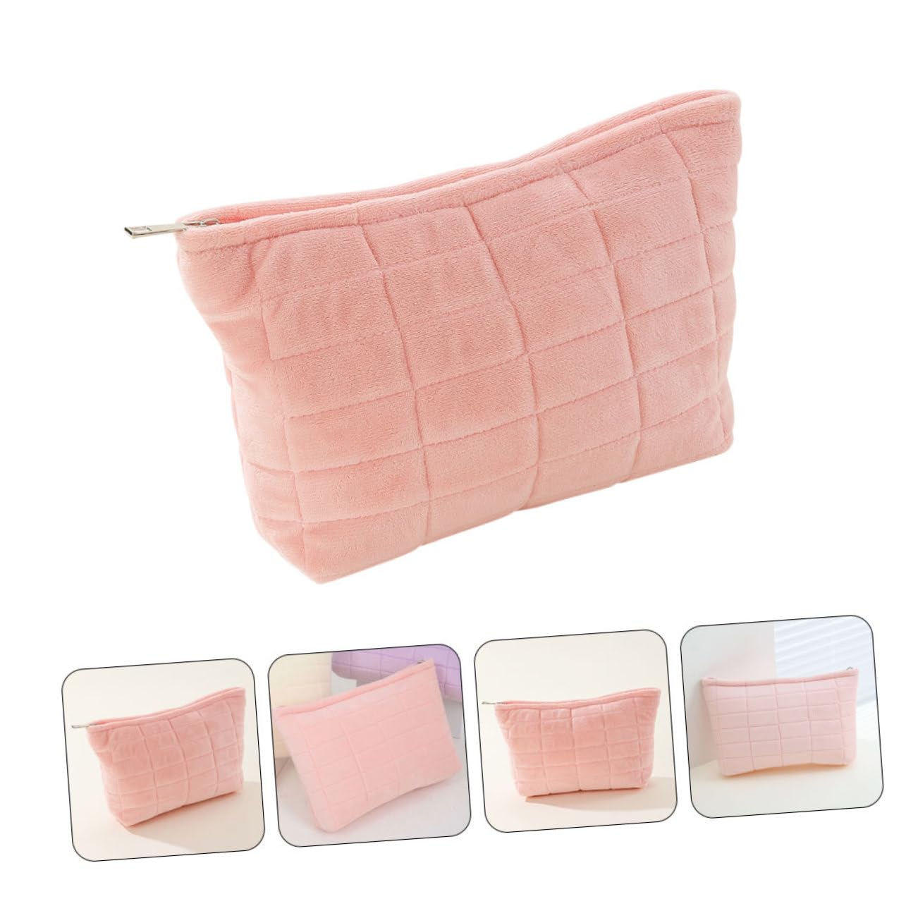 Healeved cosmétique portable Se maquiller sacs trousses de toilette organisateur de trousse de maquillage grand à brosse à maquillage Peluche rose