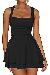 Women's Square Neck Ruffle Hem Mini Dress Ruched Waist Short Party Dresses