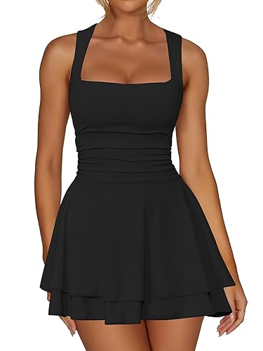 Women's Square Neck Ruffle Hem Mini Dress Ruched Waist Short