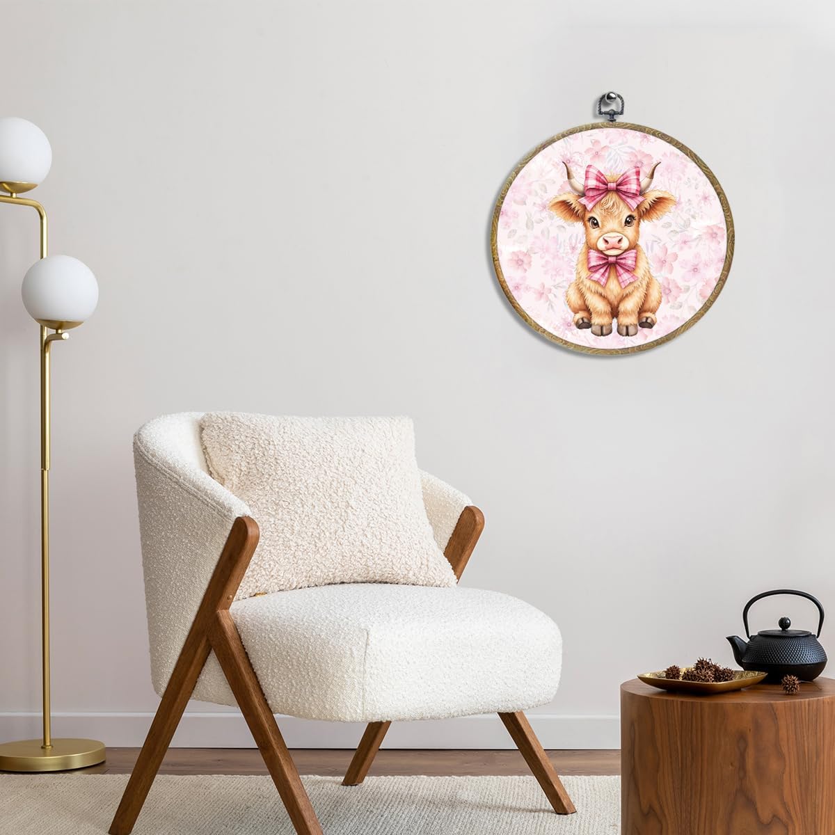 Cute Pink Bow Cow Print Decor Framed Round Wall Decor Canvas Wall Art Hanging Artwork for Home Kitchen Farmhouse Bathroom Living Girls Room Christmas Decorations Nursery Office Porch 10.2X10.2 Inch