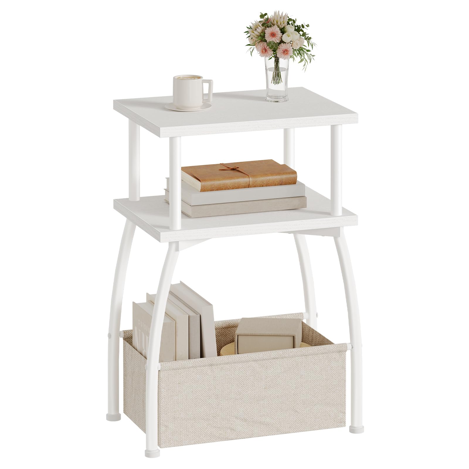 HOOBRO Narrow Side Table, 3-Tier Small Table with Linen Storage Basket, Sofa Side Tables for Small Space, Slim Bedside Table Nightstand for Living Room, Bedroom, White EWW203BZ01
