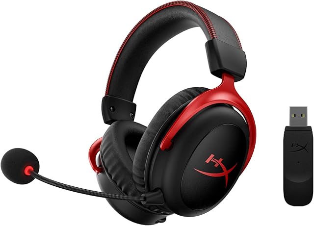 HyperX Cloud II Wireless  Gaming Headset for PC, PS4, PS5*, Nintendo Switch, Long Lasting Battery Up to 30 Hours, 7.1 Surround Sound,Detachable Noise Cancelling Microphone, Mic Monitoring, Black/Red