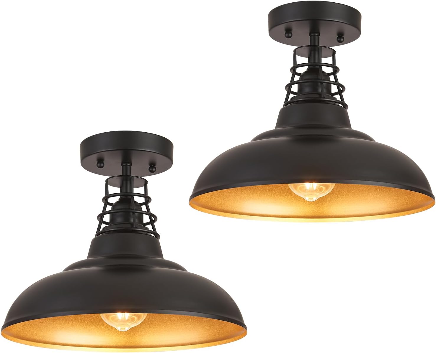 12 Inch Farmhouse Semi Flush Mount Ceiling Light Industrial Close to Ceiling Lighting Fixtures, Rustic Vintage Metal Dome Black Ceiling Lamp for Kitchen Island Bedroom Hallway 2 Pack