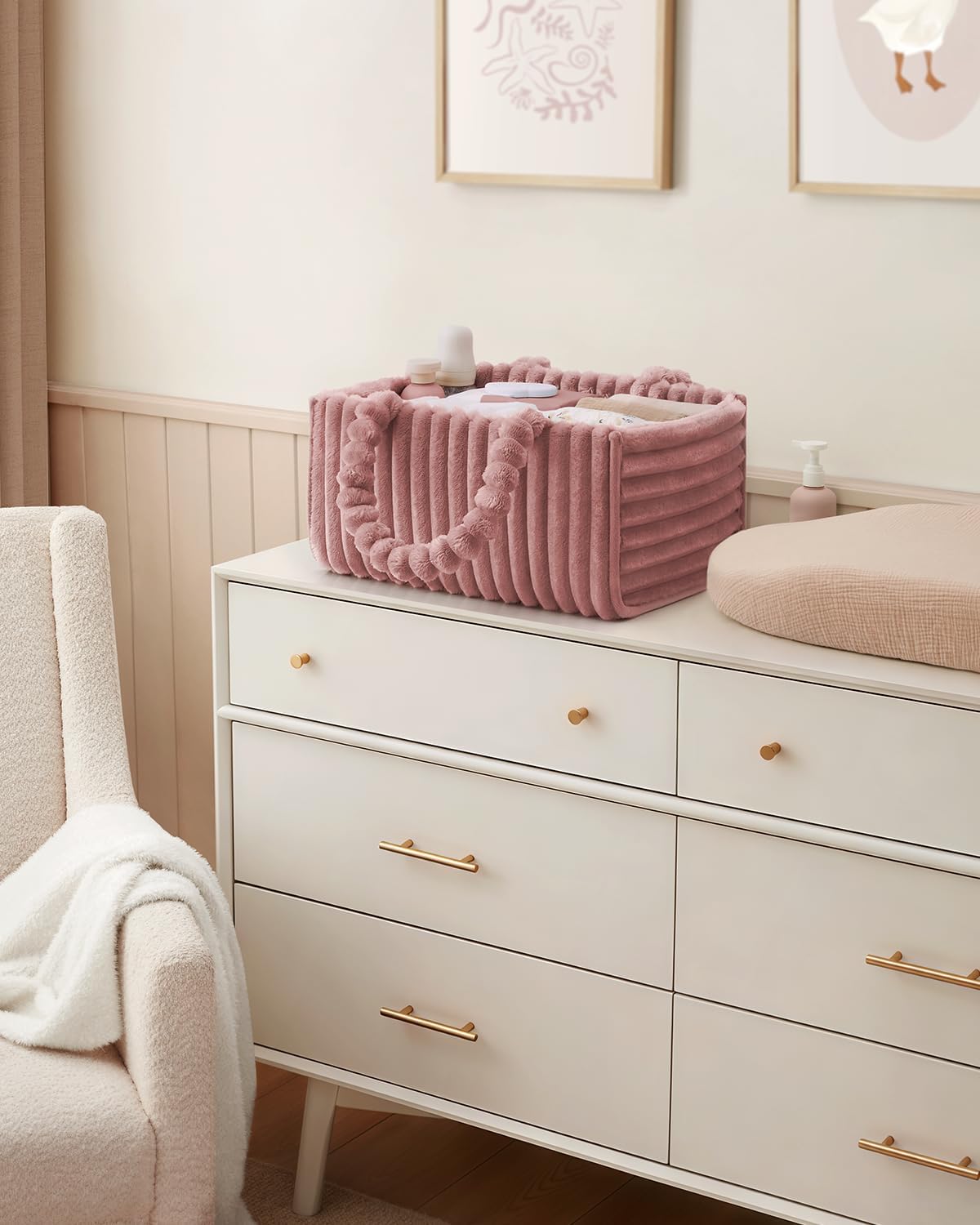 Blissful Diary Flannel Diaper Caddy Organizer, included Gift Packaging, Cozy Nursery Storage Basket, Gift for Baby Shower, Newborn Essentials, Plush Pink