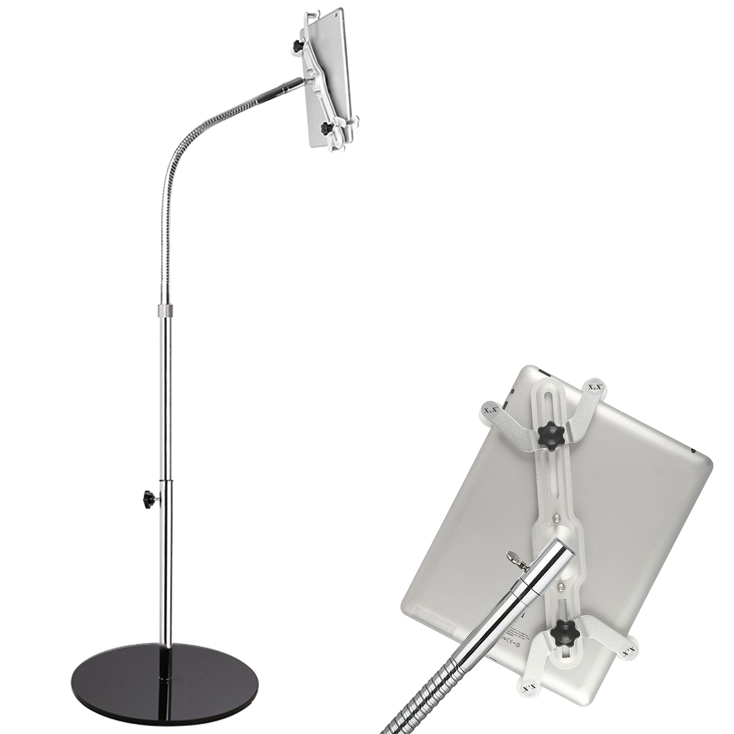 Technomounts Metal Gooseneck Tablet Floor Stand Flexible Mobile Floor Stand Adjustable Height Stand Universal 360 bracket 3.5-11" (Chrome/Black Base)