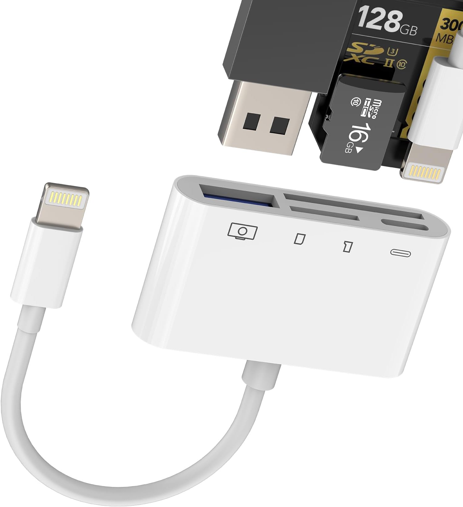 Lightning to USB SD Micro SD Card Reader Adapter 4-in-1 for iPhone 14 13 12 Pro Max TF Card Slot Charging Port for iPad Air Camera Flash Drive OTG Memory Stick Transfer Accessories Connector