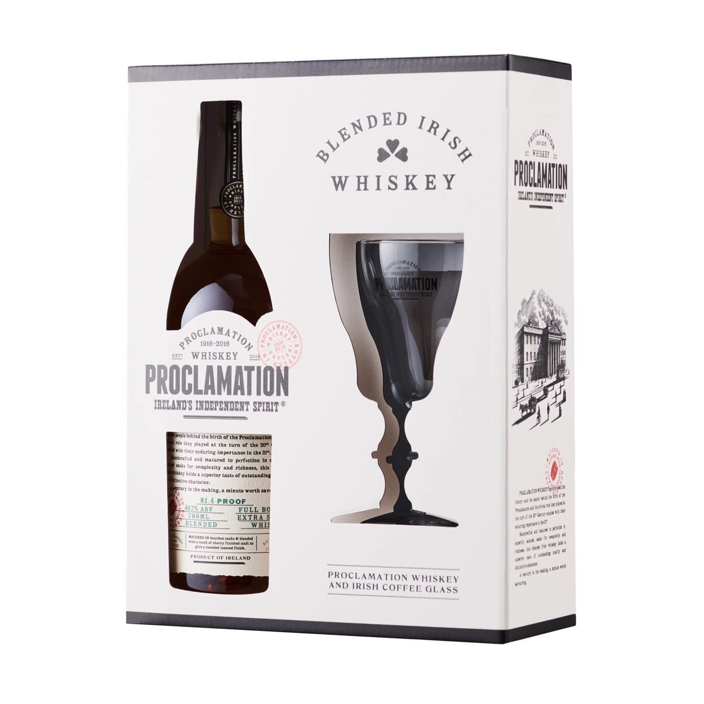Proclamation Blended Irish Whiskey, 40.7% ABV, 70cl and Branded Irish Coffee Glass Gift Pack