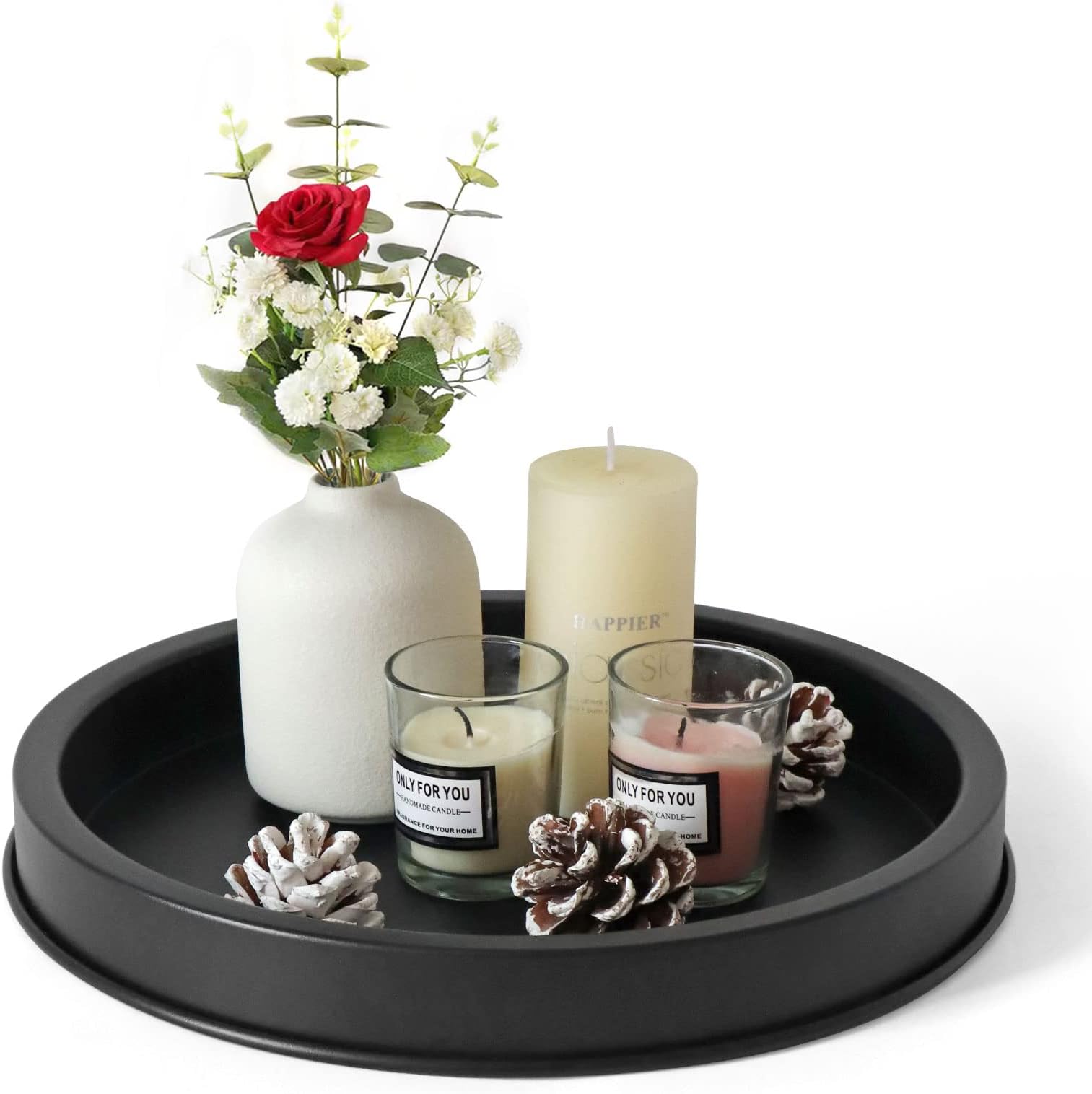 Black Decorative Serving Round Tray, Black Metal Decor Tray for Home Decor Coffee Dining Table Centerpiece Farmhouse Kitchen Countertop(11.4 Inches