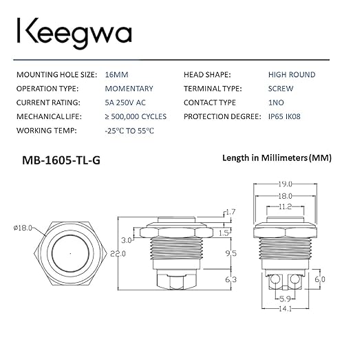 Miniatura 6 de Keegwa (3 piezas) Interruptor de botón momentáneo de 0.630 in, metal, impermeable, acero inoxidable, 12 V, 24 V, 36 V, CC, 110 V, 250 V, CA, 5 A, 1