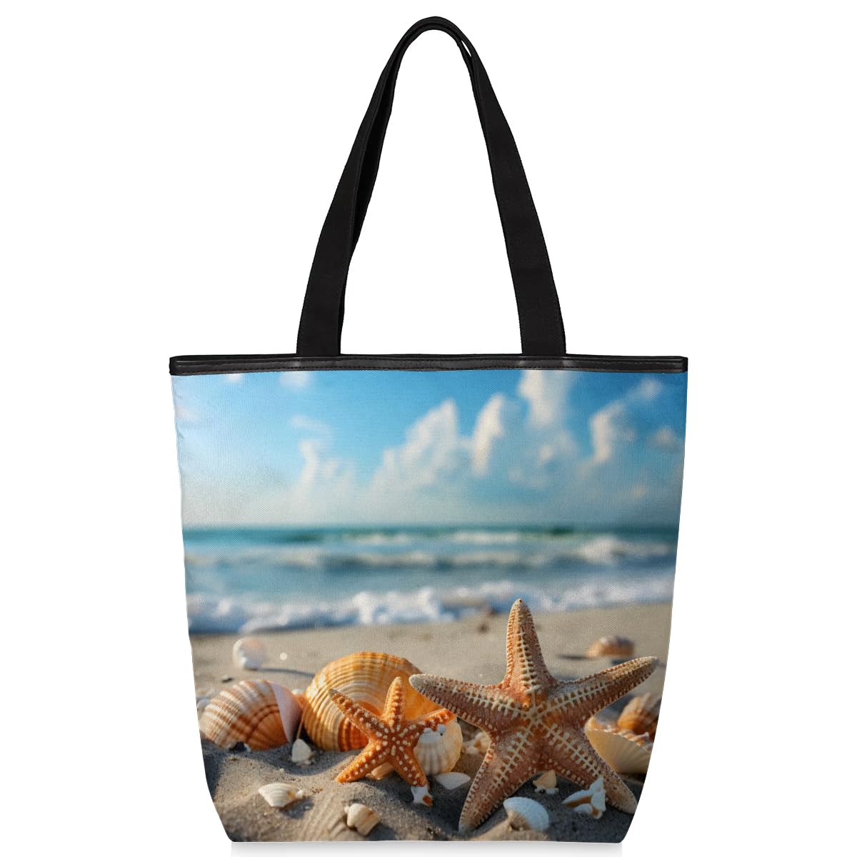 Mularoka Starfish Shell Beach Canvas Tote Bag with Zipper and Pockets Canvas Tote Shopping Bag Women Reusable Grocery Bag for Beach Travel Gym Shopping