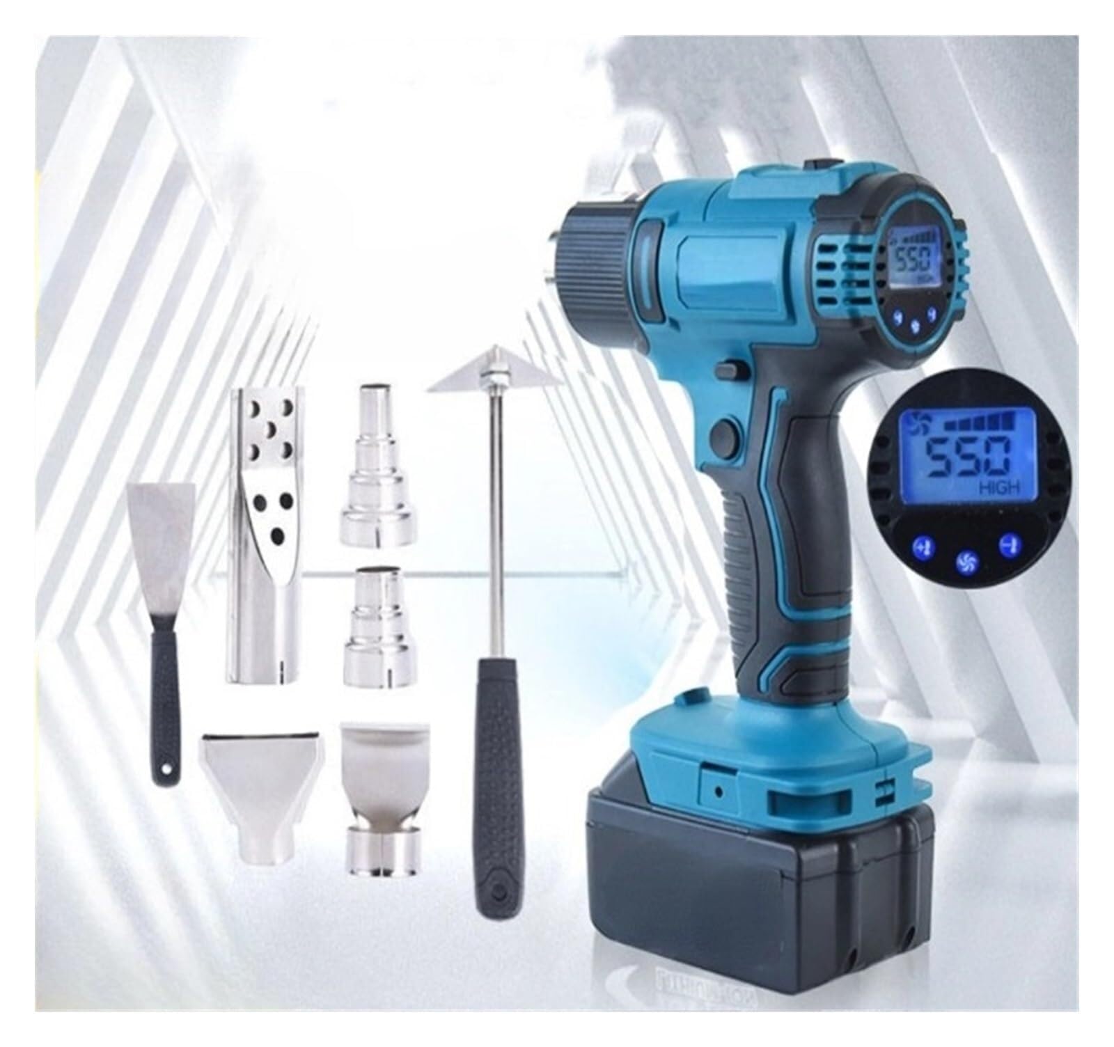 Electric Heat Gun Cordless 0-550? 2-Speed LED Temperature Display Hot Air Gun with 4/7 Nozzles (Color : 1 Battery Set 1) (Gun and 4 Tool)