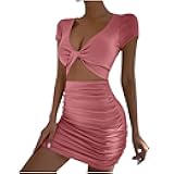 Women's Sexy Bodycon Dress Short Sleeve Cutout Dress Mini Club Party Dresses Ruched Summer Dress Deep V Neck Dress