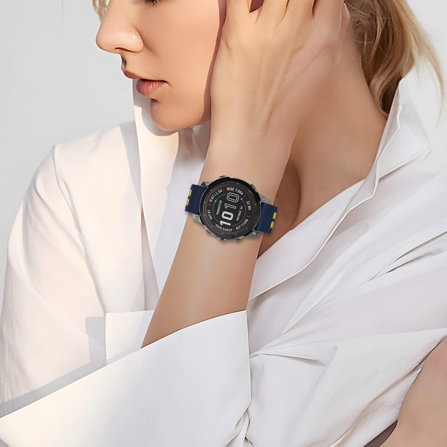 OVERSTEP Compatible with Garmin Fenix 7 Band, 22mm Easy-fit Sport Silicone Strap for Fenix 5/Fenix 5 Plus/Fenix 6/Fenix 6 Pro Smartwatch, Drak Blue Yellow - Image 6