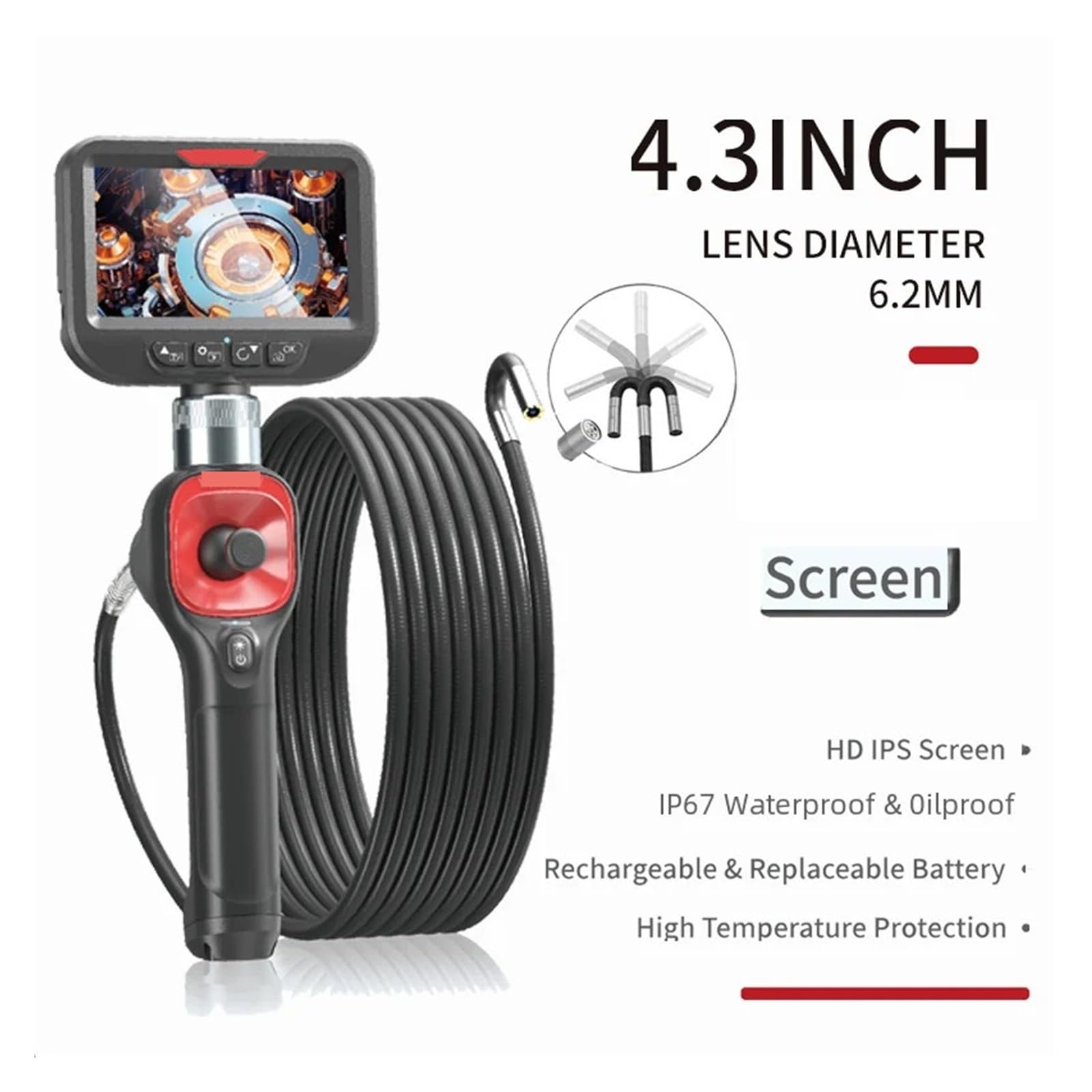 Boroskop, Kamera obrotowa o 360 stopni Endoskop 4,3 cala 6,2 mm 1080 P Full HD do kontroli przemysłowej(2m)