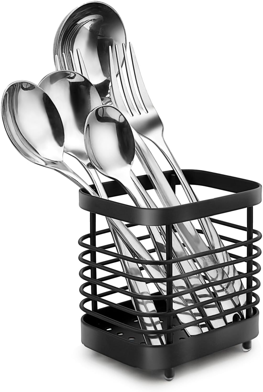 Pluzluce Kitchen Cutlery Utensil Holder Rack Stainless Steel, Cooking Utensil and Gadgets Stand, Caddy Storage Organizer for Knives and Spoon, Spatula, Tong, Flatware Silverware Dinner Forks Black
