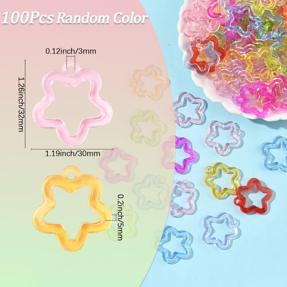 100Pcs Transparent Star Charms Acrylic Hollow Charms Colorful Assorted Small Hanging Dangle Flower Pendants Findings Accessories for Jewelry Making Bracelets Necklaces Earring DIY Craft Decor - Image 2