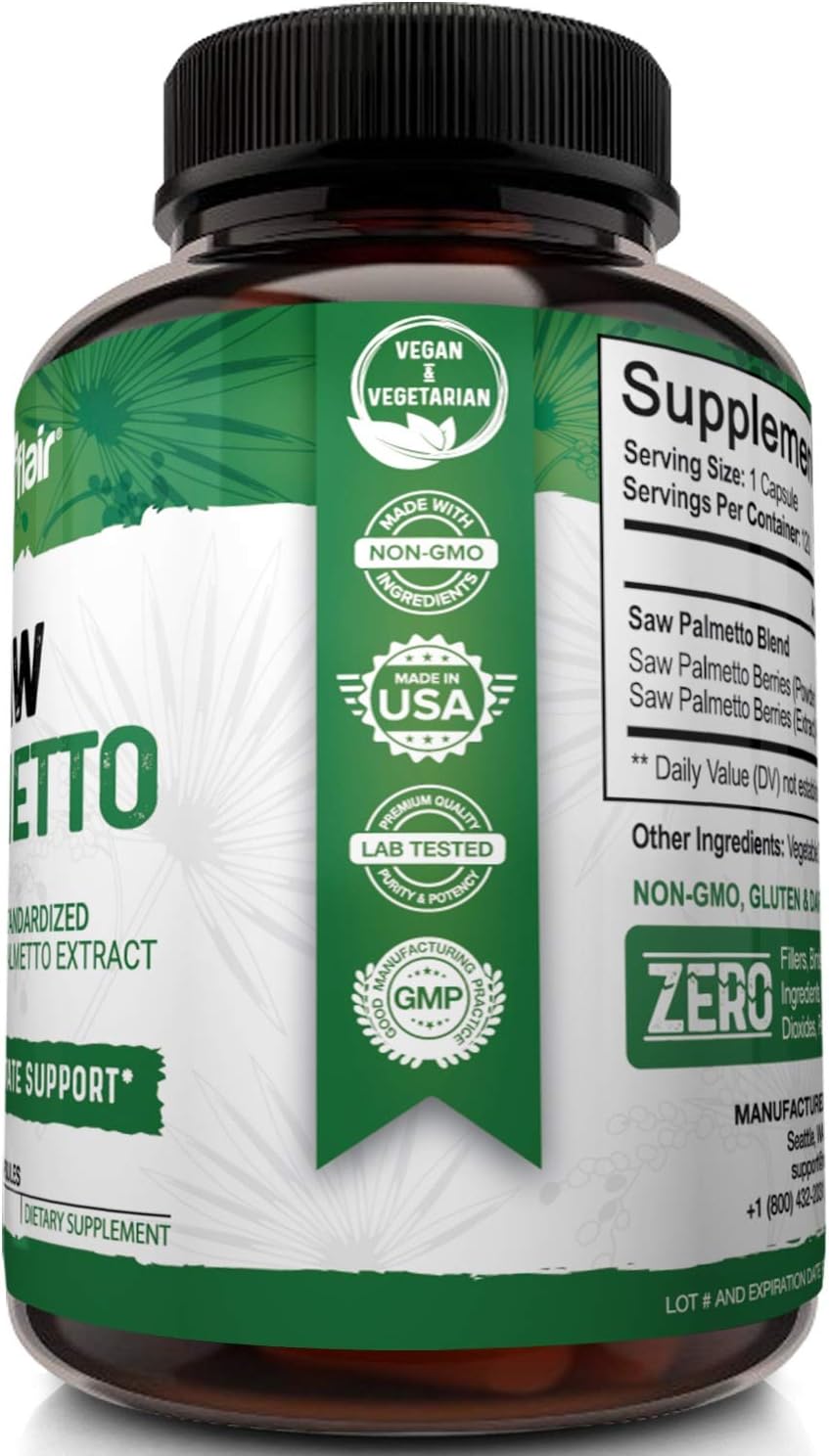 NutriFlair Saw Palmetto Extract 750mg, 120 Capsules - Natural Prostate Supplement & Berry Health Support - Helps Block DHT to Prevent Hair Loss and Helps Reduce Frequent Urination, for Women and Men : Health & Household