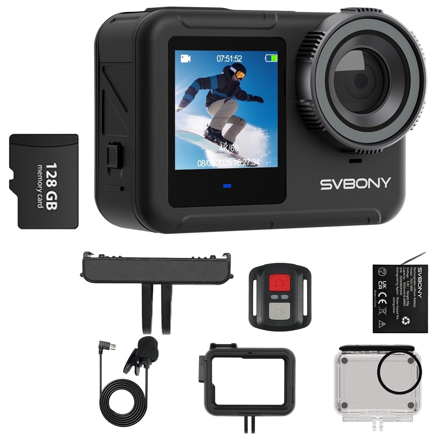 SVBONY SVGo3 4K 60FPS Fotocamera Subacquea con Scheda 128GB | Attacco Magnetico Rapido, 12m Impermeabile Senza Custodia, EIS 2.0, 2x1800mAh Batterie & Accessori