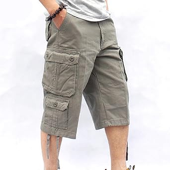 Mens Cargo Pants Casual Loose Cotton Multi Pockets Shorts 7 Inch Inseam Outdoor Fashion Utility Tooling Trousers