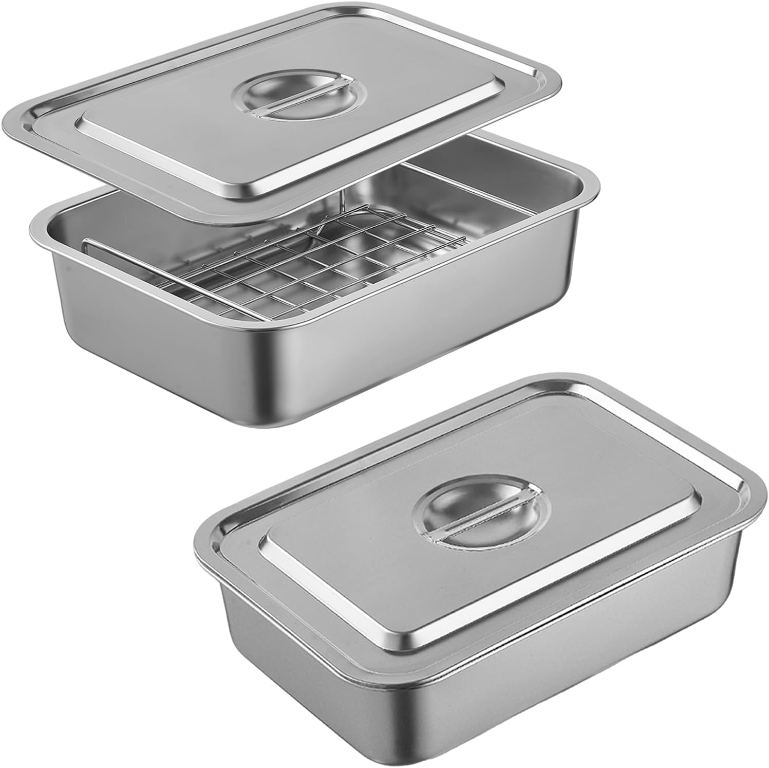 2 Pack Stainless Steel Deep Turkey Roasting Pan with Rack & Lid, 10.6x13.6x4 Inches Rectangular Chicken Roaster Baking Pans Tray for Oven(M, 2 Pack)