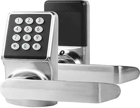 Keyless Entry Door Lock with Keypad, Keypad Door Lock with Handle, Smart Front Door Lock with Card/Passcode/Key, Digital Door Knob with Handle, Silver