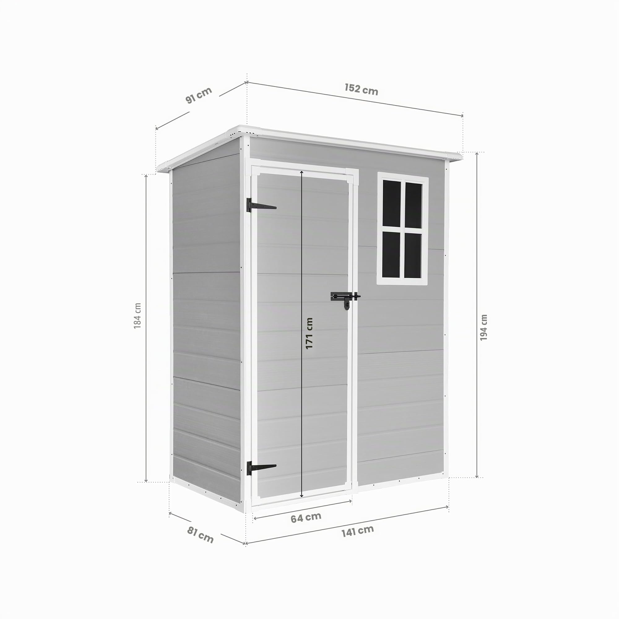 Wasabi - Gartenhaus Kunststoff mit Boden 1.4 Unit – 152x91x194cm – Fenster - Große Doppeltür – Grau – Geräteschuppen – Gerätehaus Outdoor Wetterfest 1,37m2