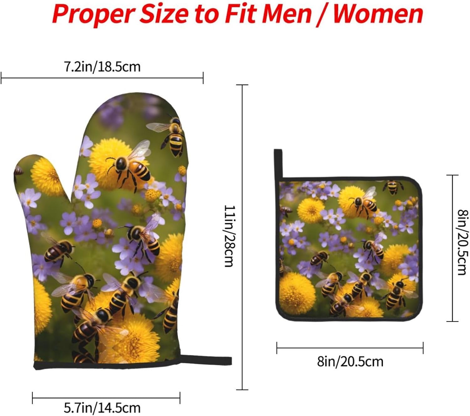 Rural Honey Bees Wildflowers Print Heat Resistant Microwave Gloves, Used for Baking, Cooking, and Fashion Kitchen Essentials