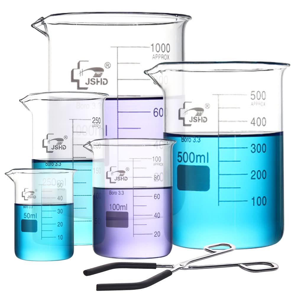Juego de 6 vasos de medición de vidrio con pinzas de acero cromadas, 50 ml, 100 ml, 250 ml, 500 ml, 1000 ml, vidrio de borosilicato 3.3