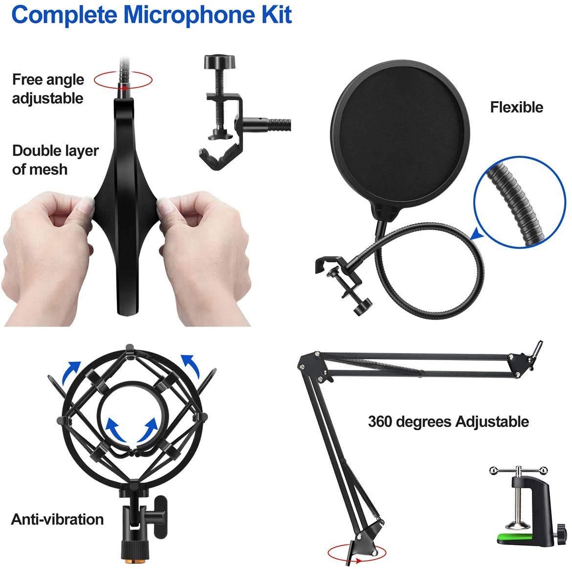 Kit Microfono a condensatore, Microfono a condensatore per webcast, Set di staffe per Microfono con Scheda Audio USB Blowout Prevention Net