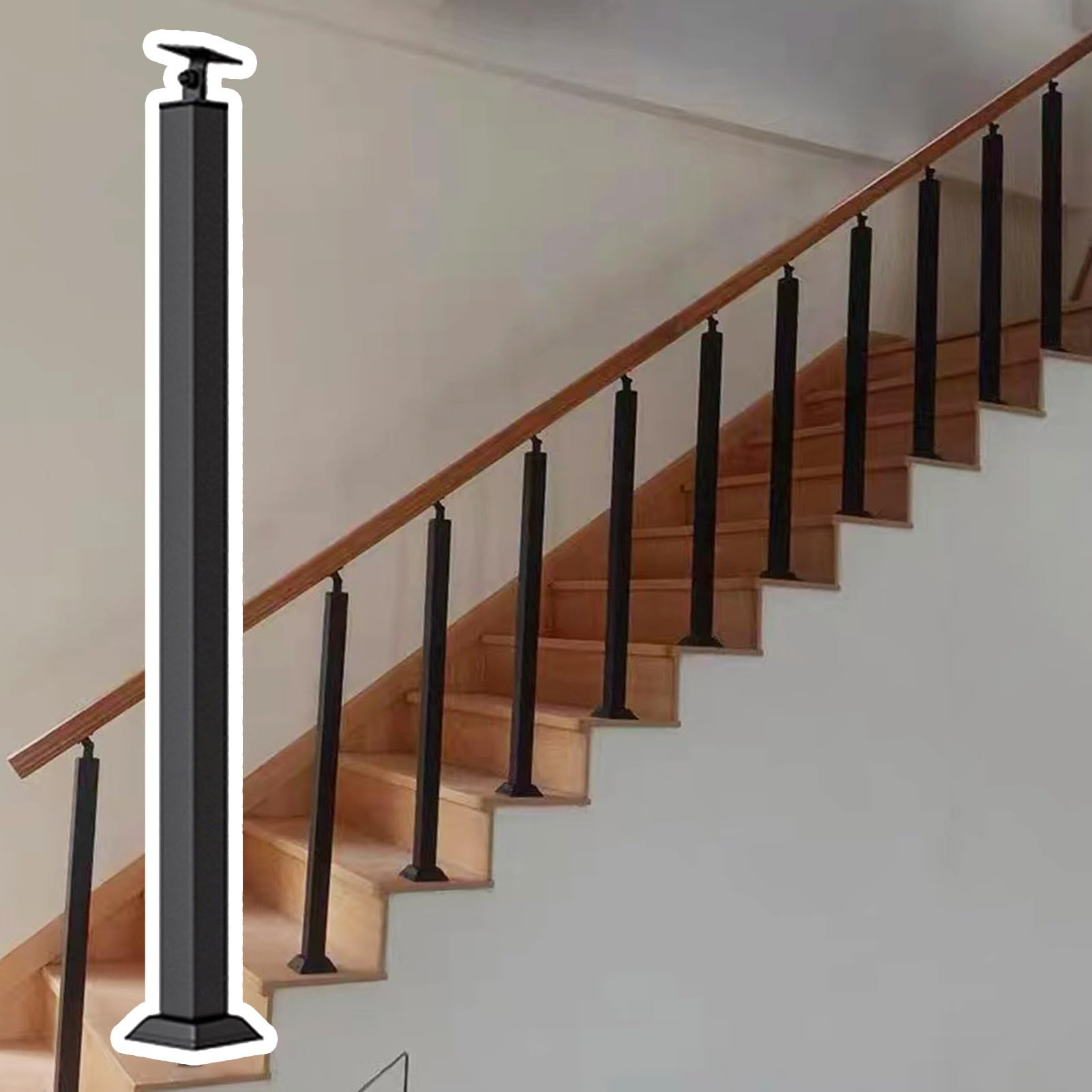 Zestaw czarnych metalowych tralek schodowych – 2 szt. kwadratowych balustrad 95 cm ze złączami i butami, trwała osłona wrzeciona bezpieczeństwa do pokładów wewnętrznych, solidna i stylowa konstrukcja