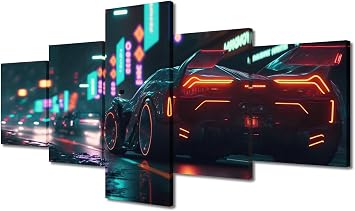 Canvas Wall Art 5 Panels Cyberpunk Sports Concept Car Wall Decor Gaming Style for Living Room Bedroom Bathroom Office Gaming Room Decor Modern Artwork House Decor Framed Ready to Hang 50"Wx24"H
