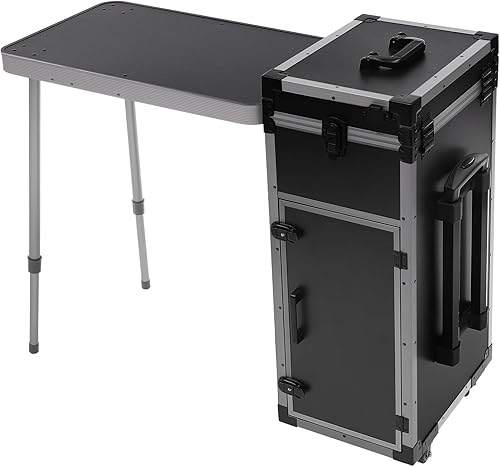 Estuche de maquillaje grande con ruedas para profesionales, organizador de cosméticos móvil de 4 ruedas con mesa de belleza plegable, luces LED