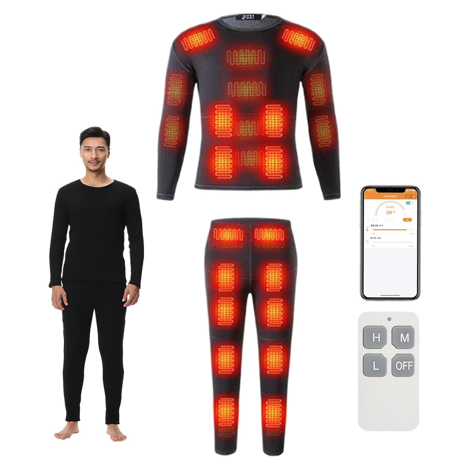 Set Di Biancheria Intima Riscaldata A 32 Zone Con APP E Telecomando, Set Di Mutande Lunghe Riscaldate Elettricamente Tramite USB, Abbigliamento Invernale Per Il Calore Di Tutto Il Corpo(3XL)