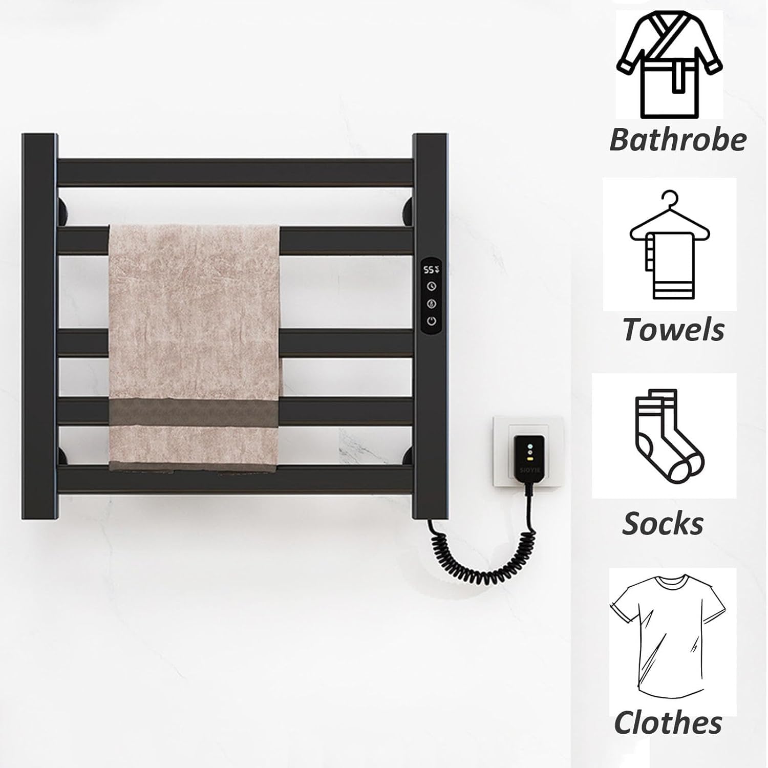 Wall Mounted Heated Towel Rack Waterproof IPX5 Adjustable 30-70℃ Temperature Control Timer Function Perfect for Home Bathroom Comfort and Luxury