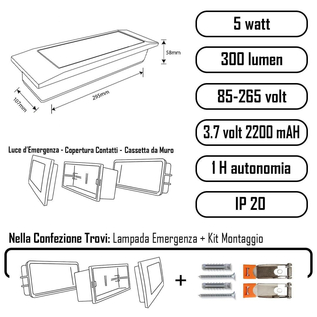 MAKA Luce di Emergenza LED 5W da Incasso a Parete con Molle, 300 Lumen, 6500K Luce Fredda, Batteria 3.7V 2200mAh, 1 Ora Autonomia, con 4 Adesivi Direzionali Inclusi, per Scale, Corridoi