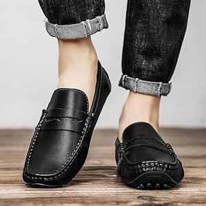 TAYGUM Mens Loafers Shoe Solid Color Leather Penny Driving Loafers