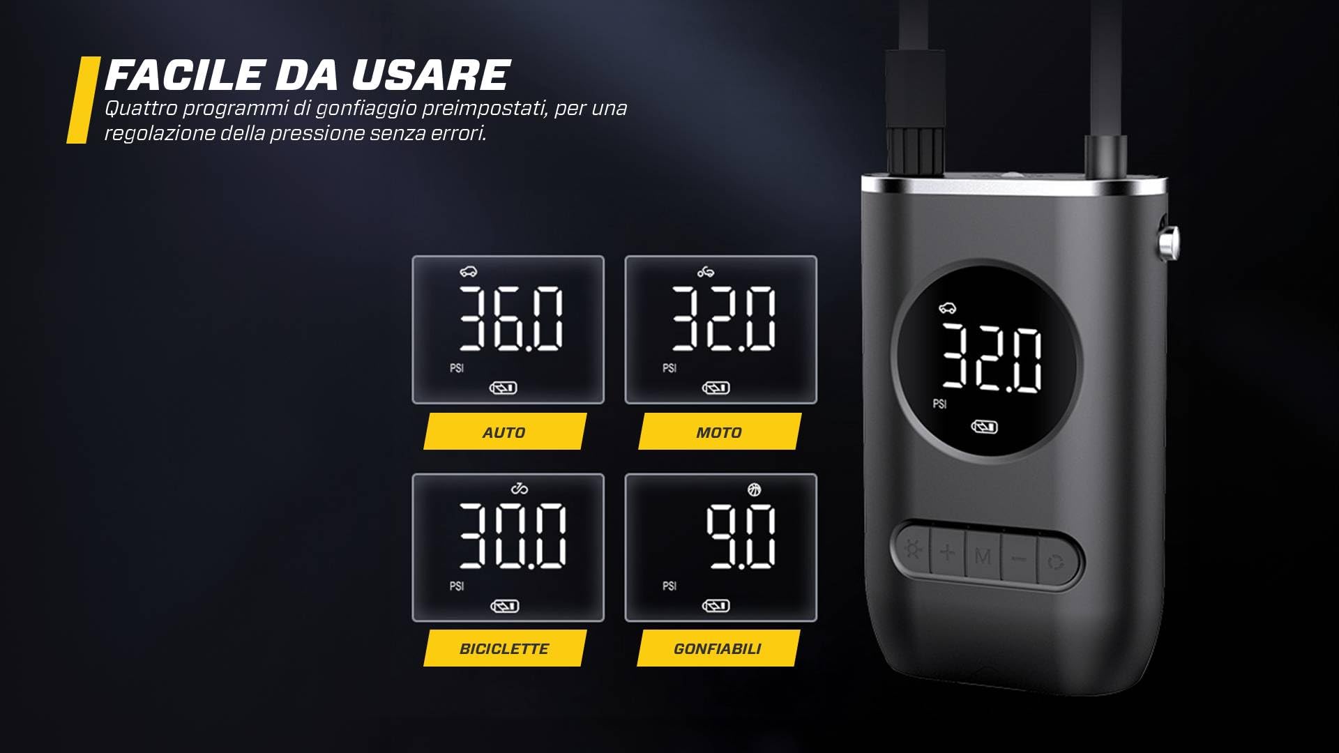 MAXTOOLS, BAC100, Compressore d'Aria a Batteria, Schermo LCD Digitale e Torcia LED, Pompa Elettrica per Bicicletta, Auto, Moto, Monopattino, Palloni