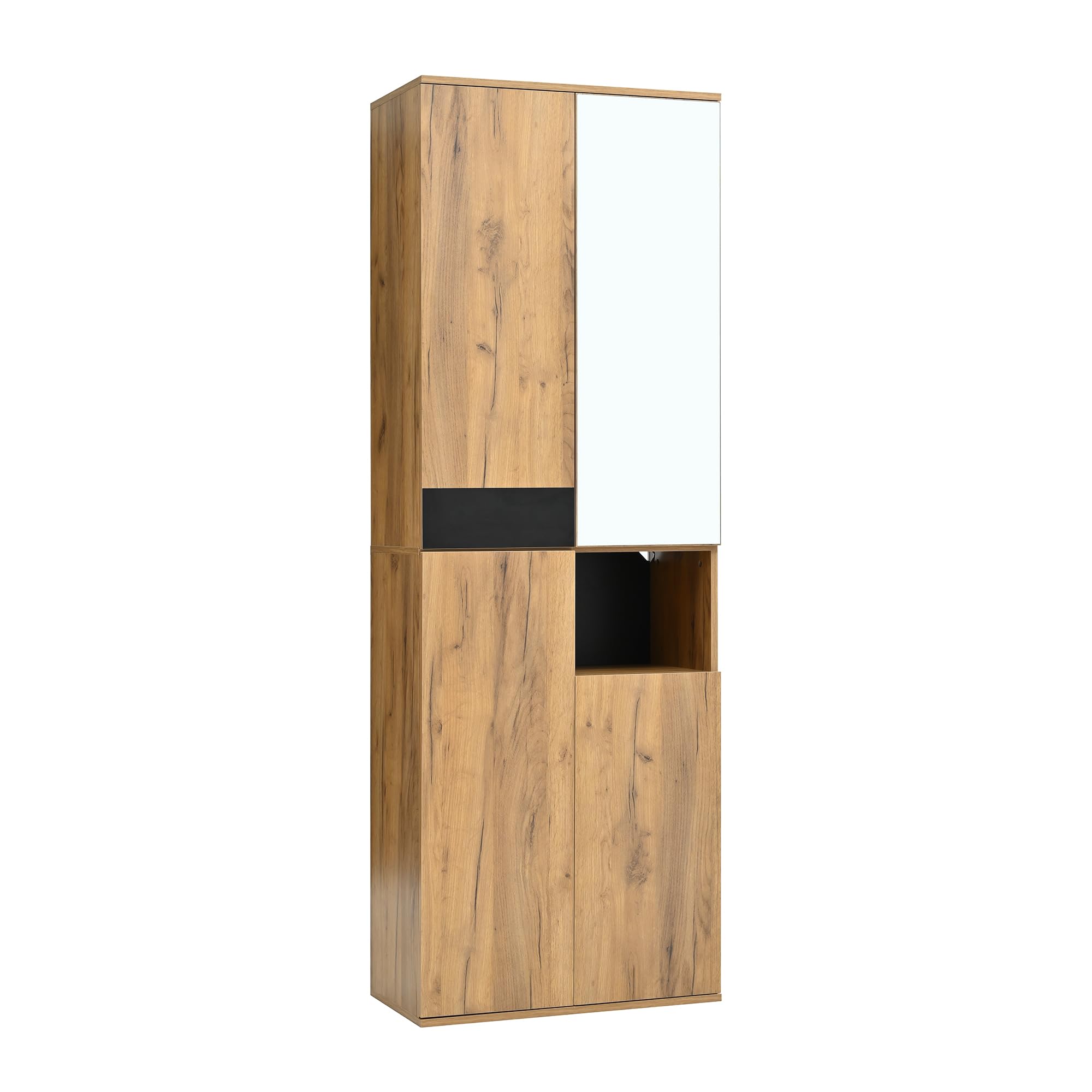 Armario alto con espejo, cuatro puertas y un compartimento de almacenamiento abierto. Negro y natural. Dimensiones: 65 × 35 × 190 cm (ancho x profundidad x alto)
