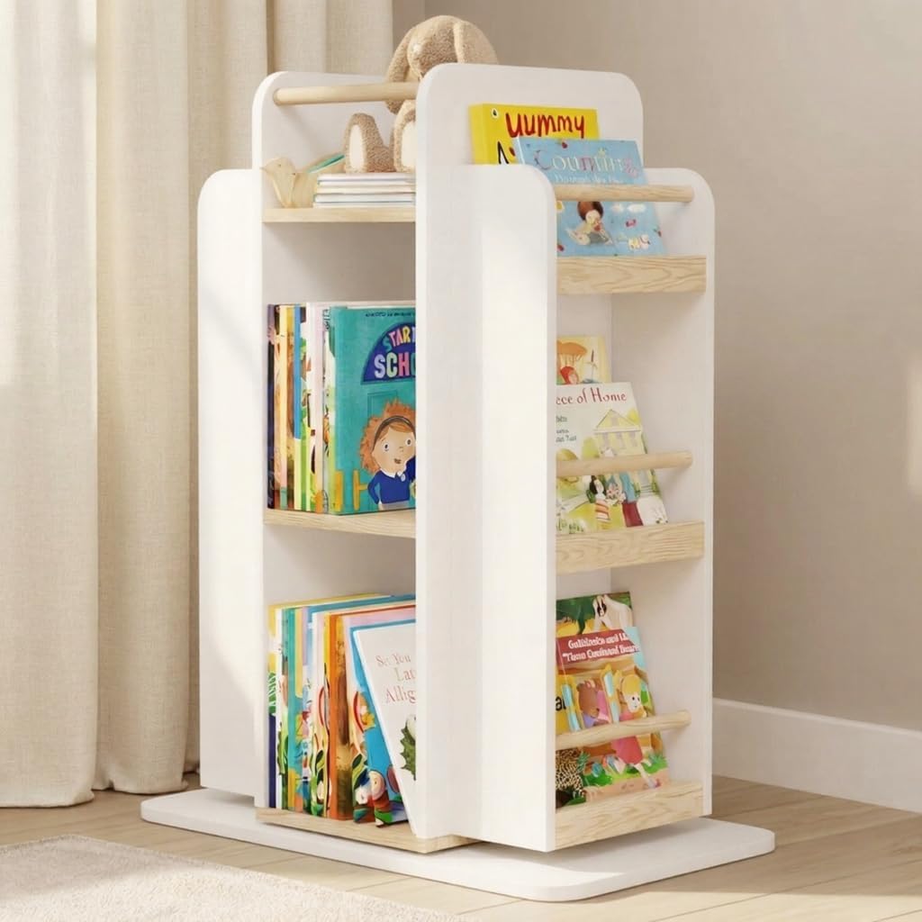 COVE & KIN Kids Rotating Bookshelf Organizer – 360° Montessori-Inspired Front-Facing Bookcase for Toddlers & Kids, Space-Saving Wooden Book Shelf for Nursery, Playroom & Bedroom