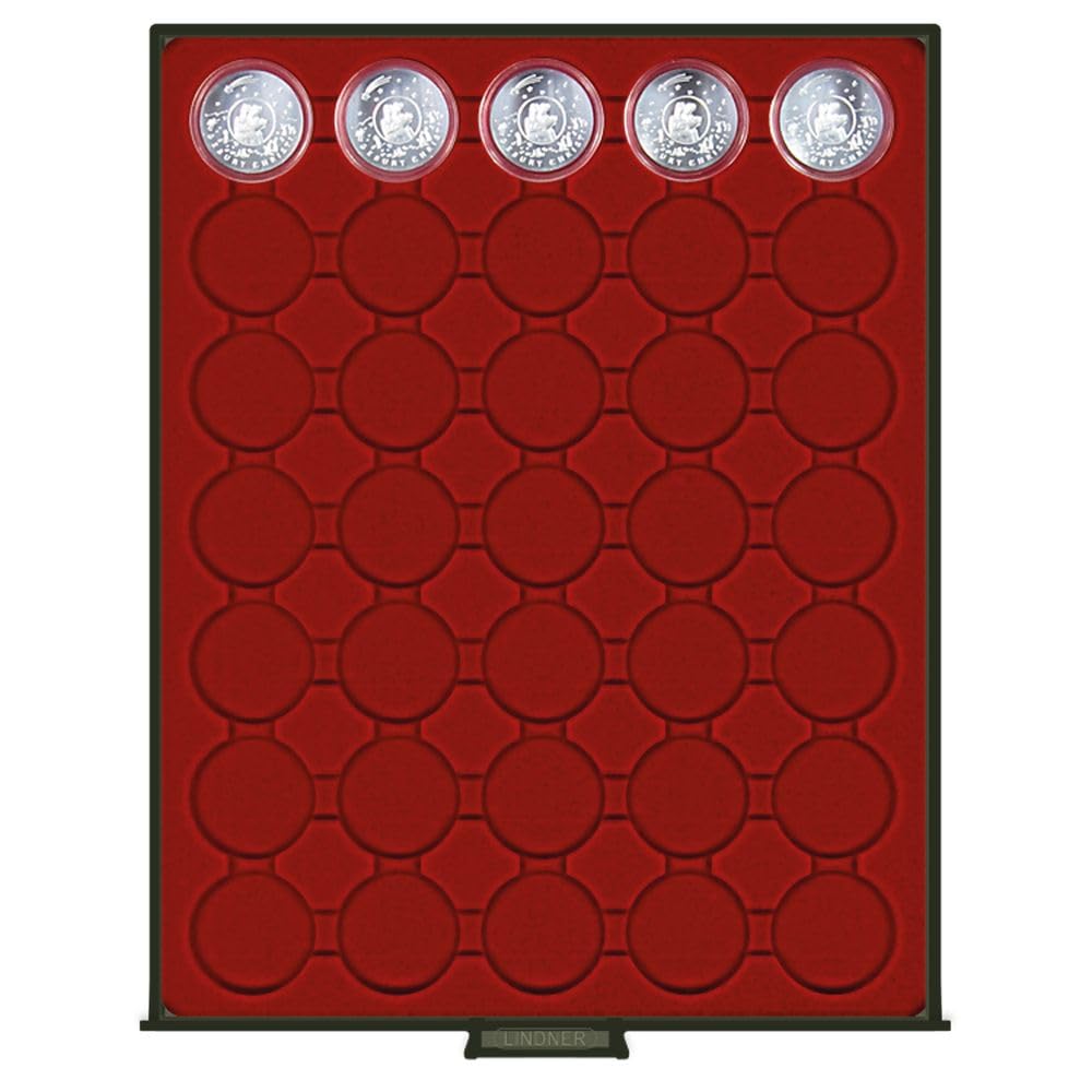 LINDNER Das Original Bandeja para Monedas RAUCHGLAS (Vidrio Ahumado) con 35 Hoyos Redondos para cápsulas para Monedas con un diámetro Externo de 36 mm