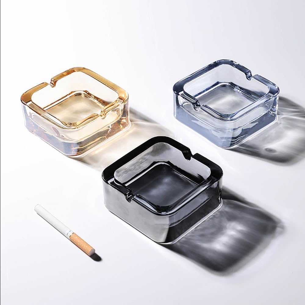 AnRui Crystal Glass Ashtray Classic Square Ashtray for Cigar Cigarettes Cute Small Ash Tray Outdoor Indoor Desktop Decoration for Home Office Bar Cafe Patio, Gold