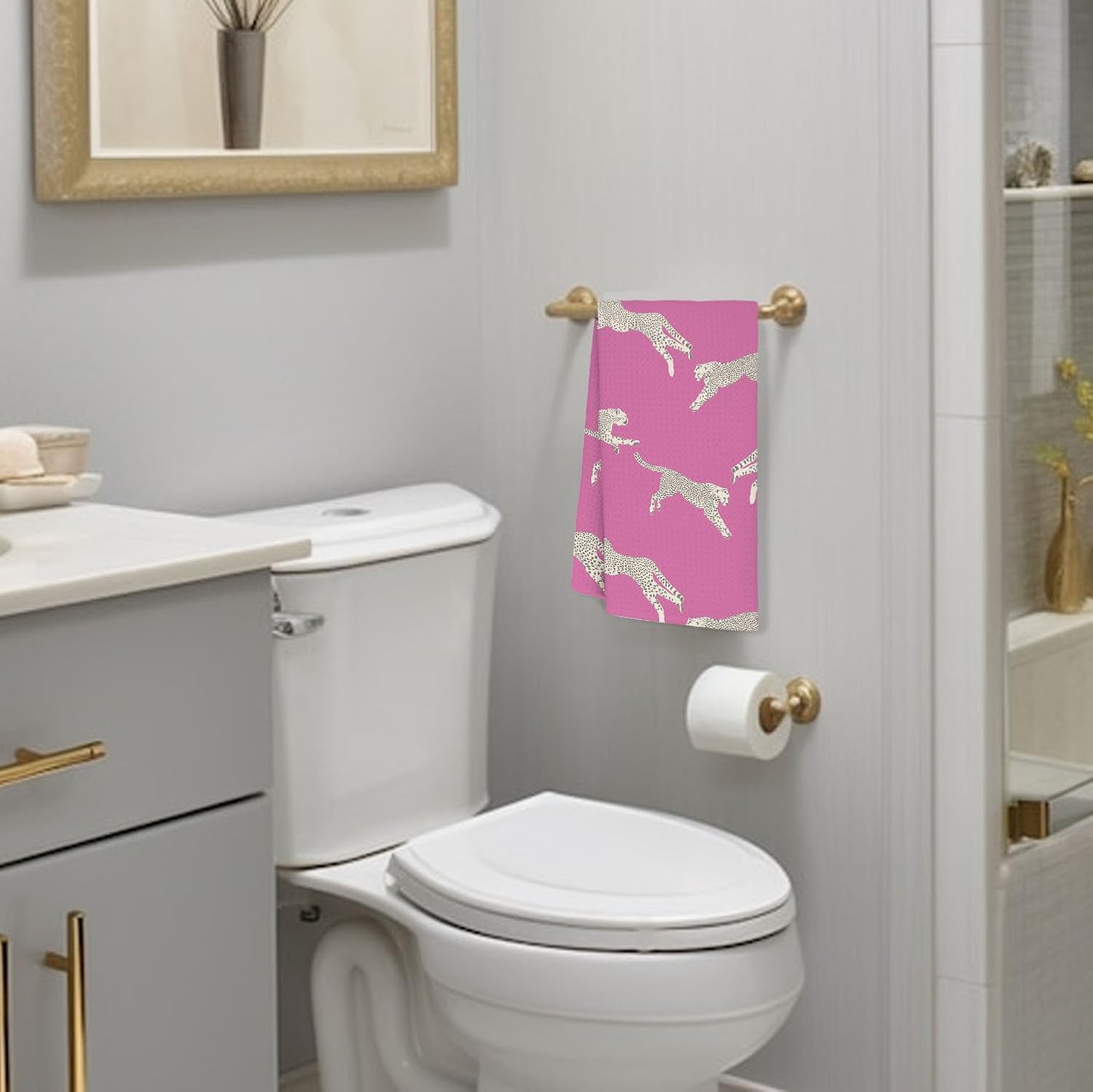 Pink Leopard Kitchen Towels - Cheetah Decor,Retro Cheetah Leopard Bathroom Pink Kitchen Decor,Preppy Pink Hand Dish Tea Towels 16×24 Inch - Image 5