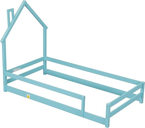 Miniatura 4 de Goujxcy Cama de suelo de tamaño individual con cabecera en forma de casa, cama individual de madera para niños con rieles, cama de piso individual