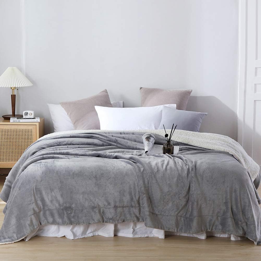 NANPIPER Flannel Blanket Reversible Sherpa Throw Blanket Super Soft Plush Warm Fleece Microfiber (90"x90",Light Gray) Queen - Image 6