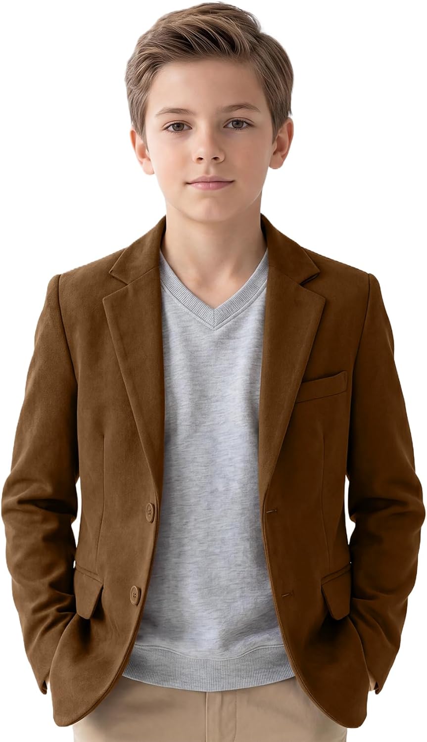 Blazer for Boys Suede Sport Coat Casual 2 Buttons Slim Fit Suits Jackets for Boys Suede Blazer with Pockets